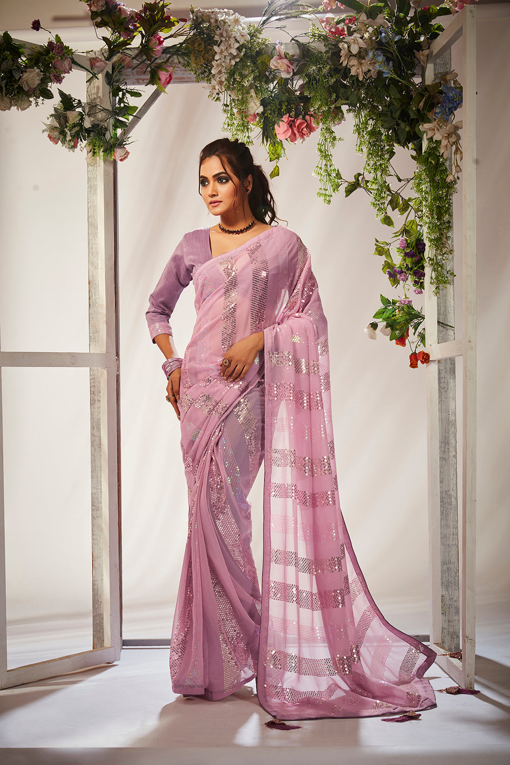 Pink Georgette Sequins Embroidery Saree