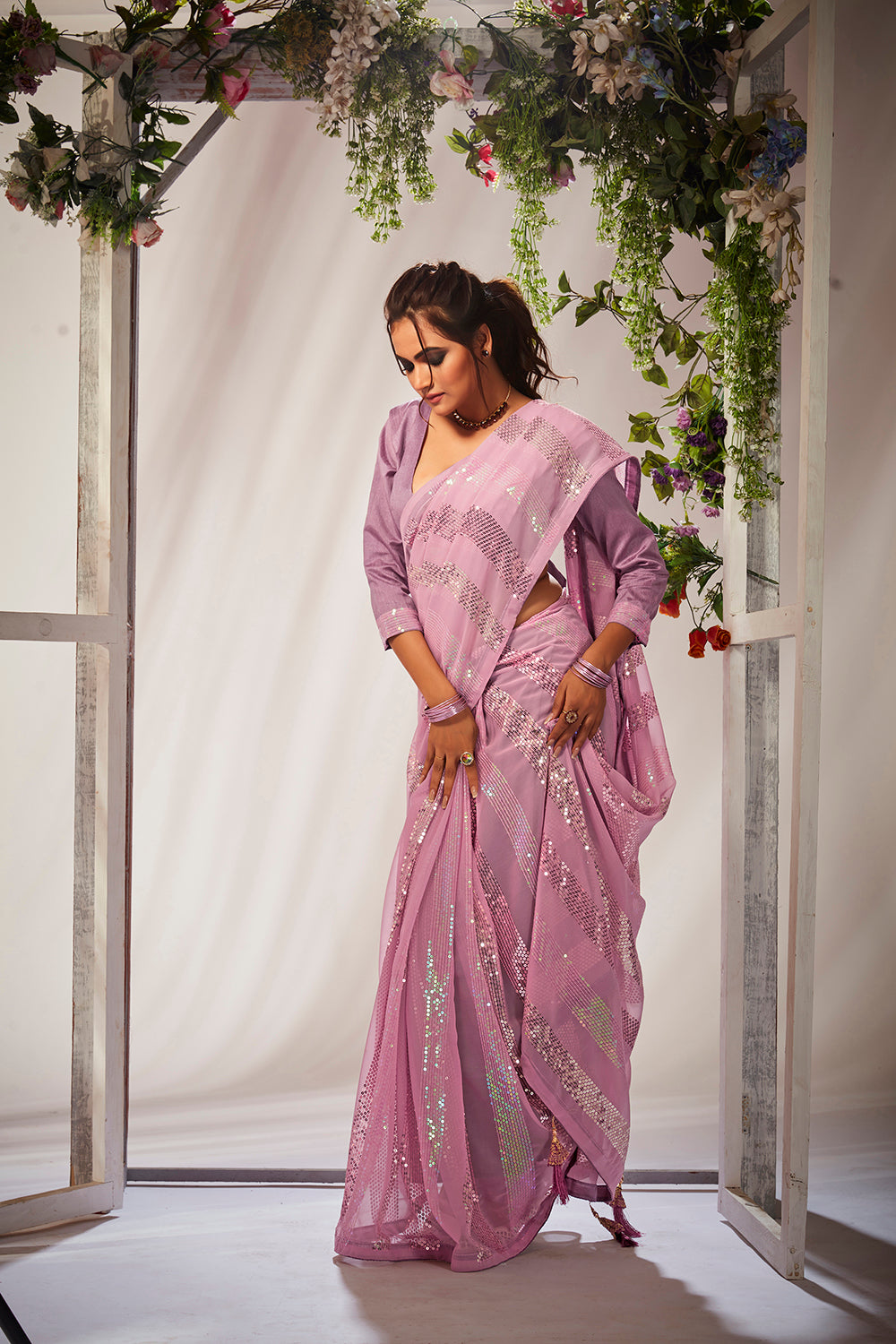 Pink Georgette Sequins Embroidery Saree