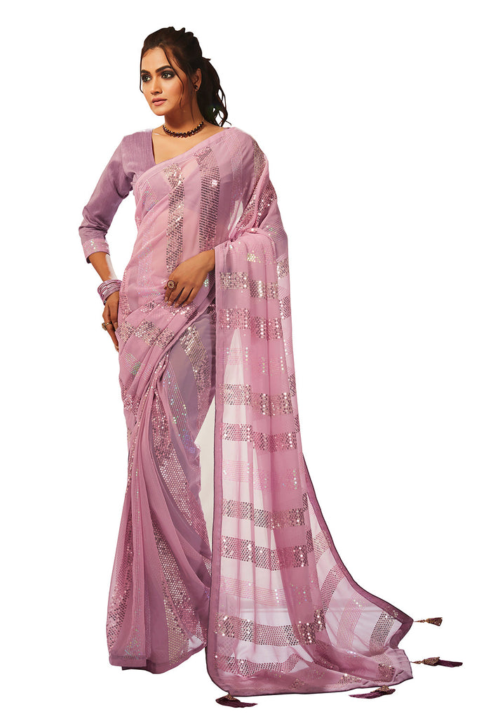 Traditional Ethnicwear Pink Georgette Sequins Embroidery Saree