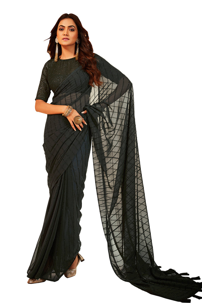 Traditional Ethnicwear Dark Green Georgette Sequins Embroidery Saree