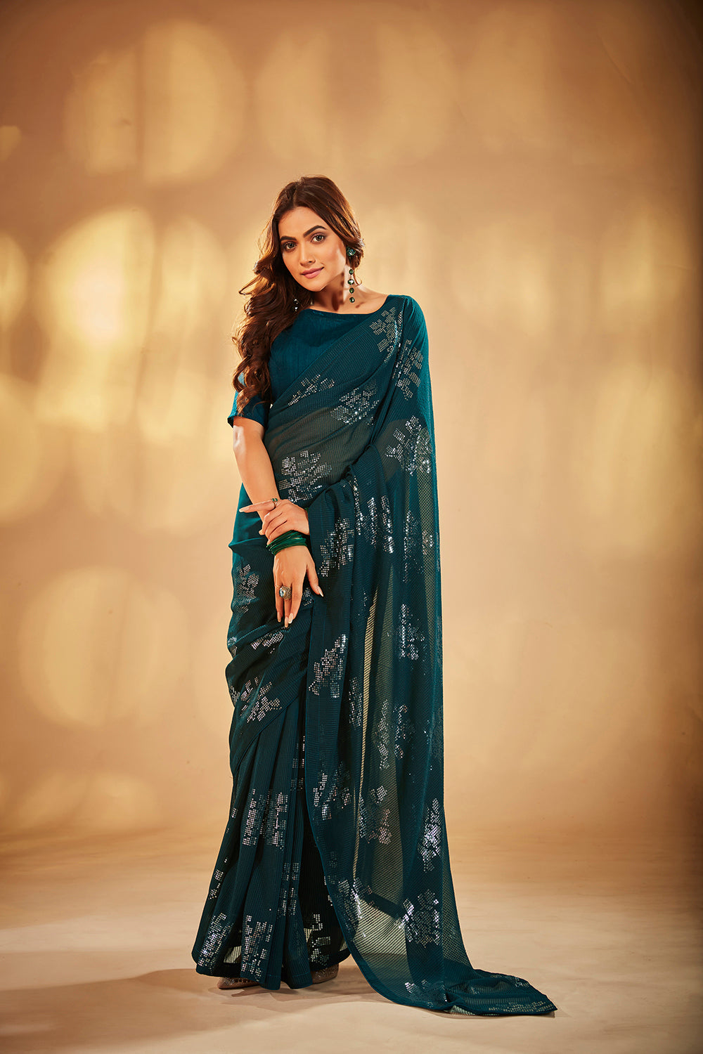 Teal Georgette Sequins Embroidery Saree