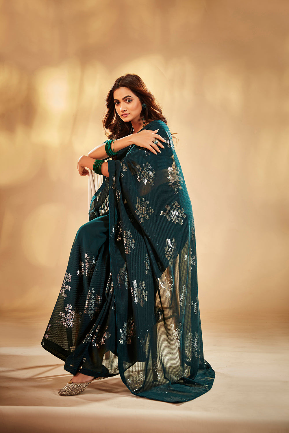 Teal Georgette Sequins Embroidery Saree