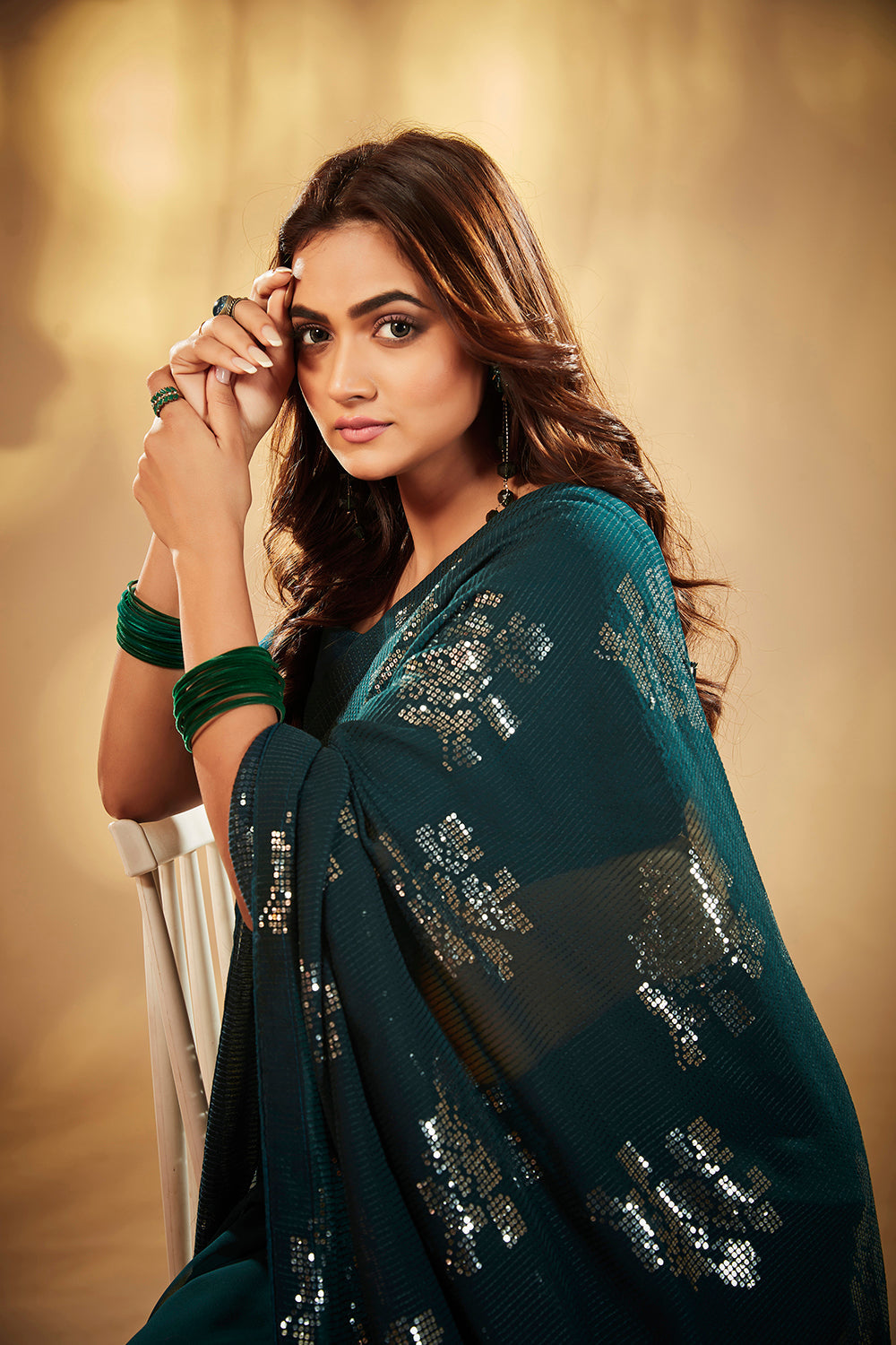 Teal Georgette Sequins Embroidery Saree