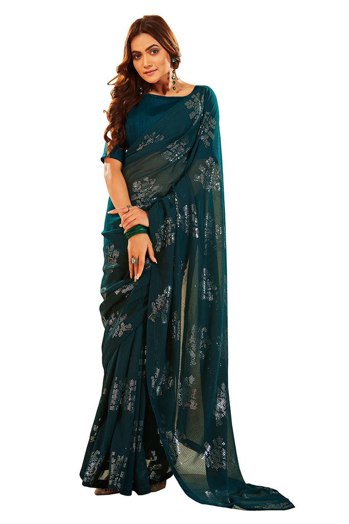Traditional Ethnicwear Teal Georgette Sequins Embroidery Saree