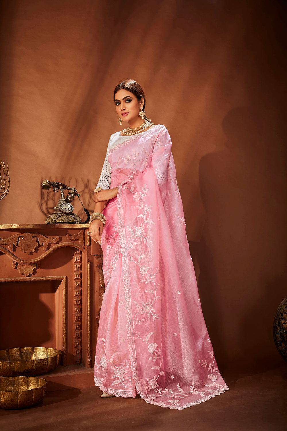 Pink Oraganza Embroidery Saree