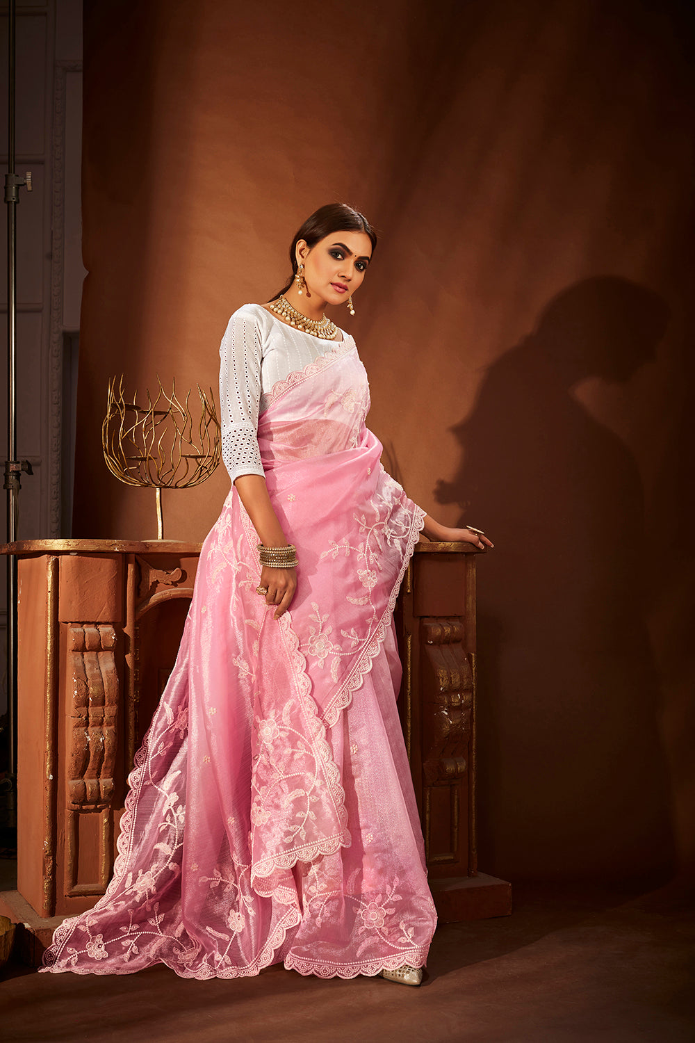 Pink Oraganza Embroidery Saree