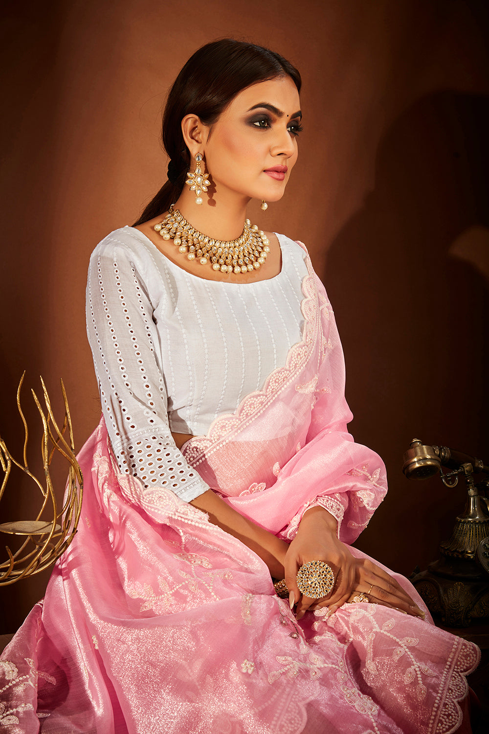 Pink Oraganza Embroidery Saree