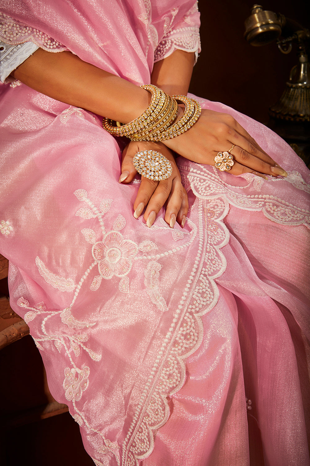 Pink Oraganza Embroidery Saree