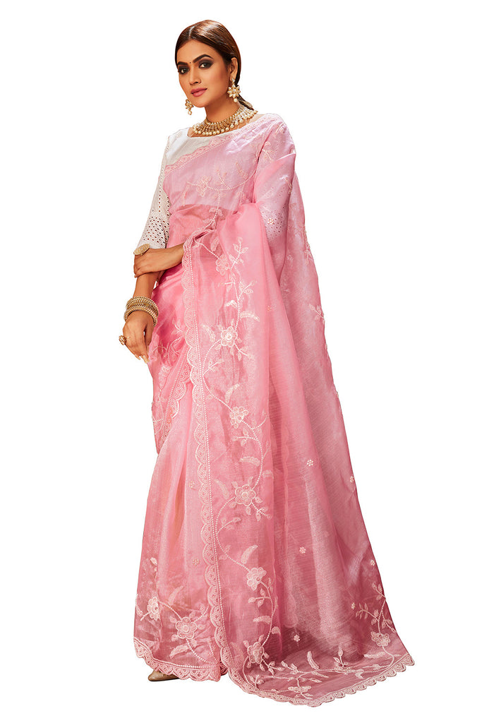 Traditional Ethnicwear Pink Oraganza Embroidery Saree