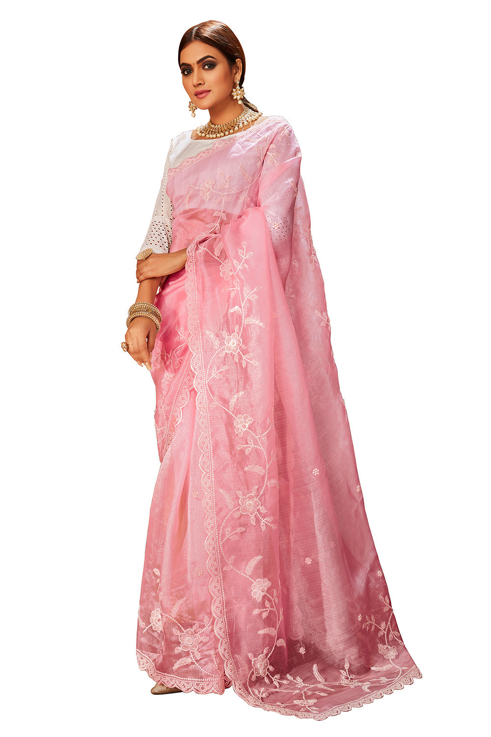 Pink Oraganza Embroidery Saree