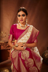 Cream Oraganza Woven Saree