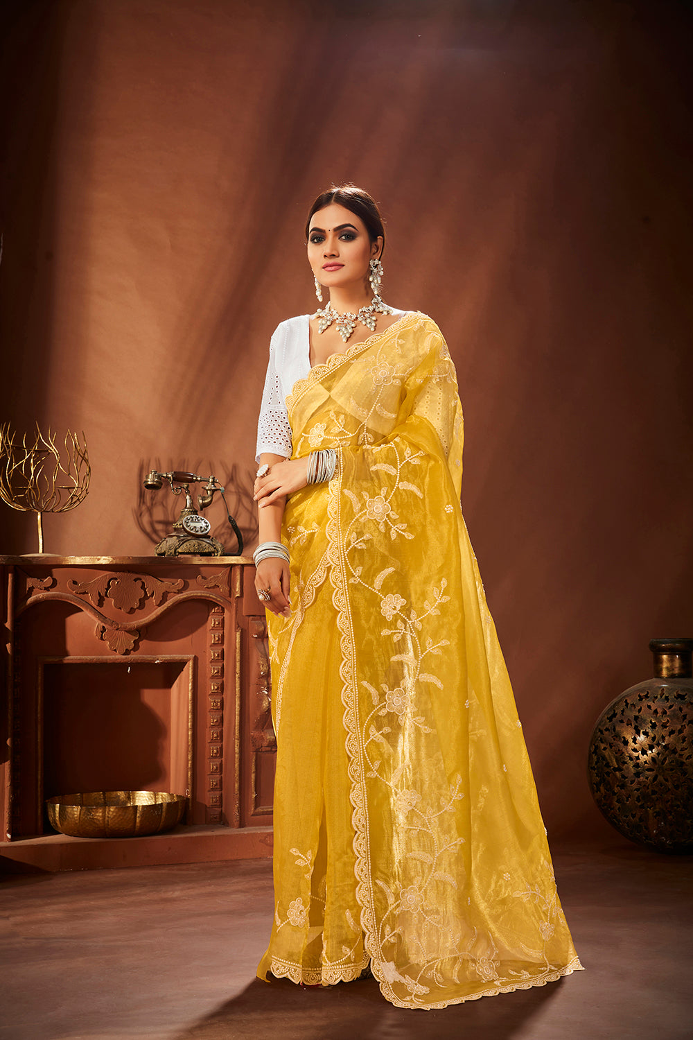 Yellow Oraganza Embroidery Saree