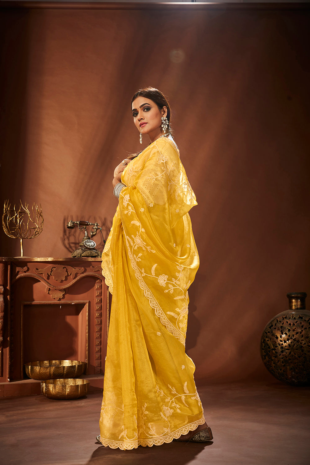 Yellow Oraganza Embroidery Saree