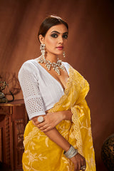 Yellow Oraganza Embroidery Saree