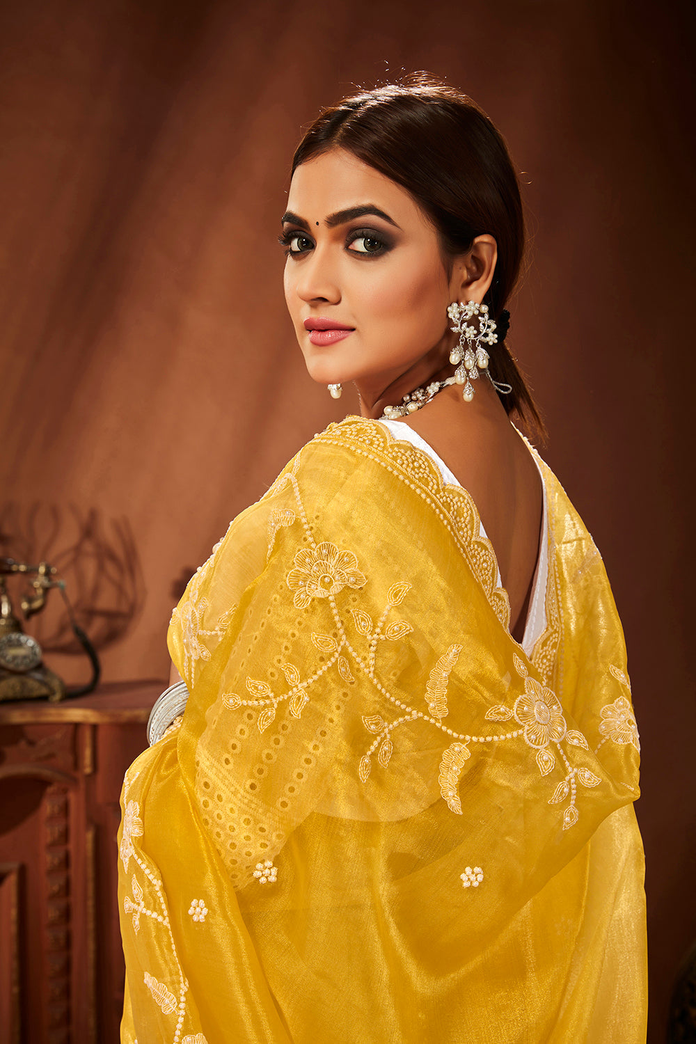 Yellow Oraganza Embroidery Saree