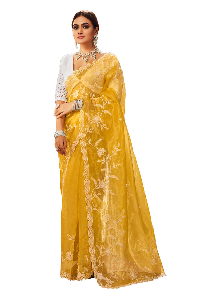 Traditional Ethnicwear Yellow Oraganza Embroidery Saree