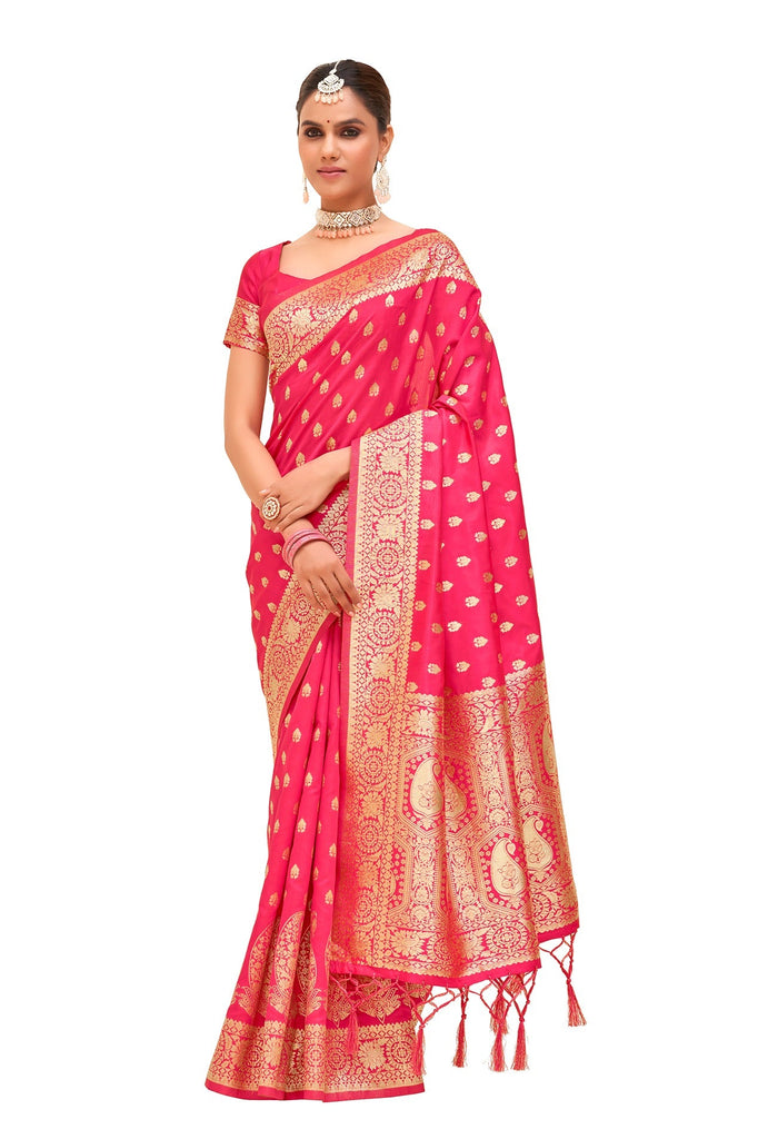 Traditional Ethnicwear Pinkish Red Banarasi Art Silk Woven Saree