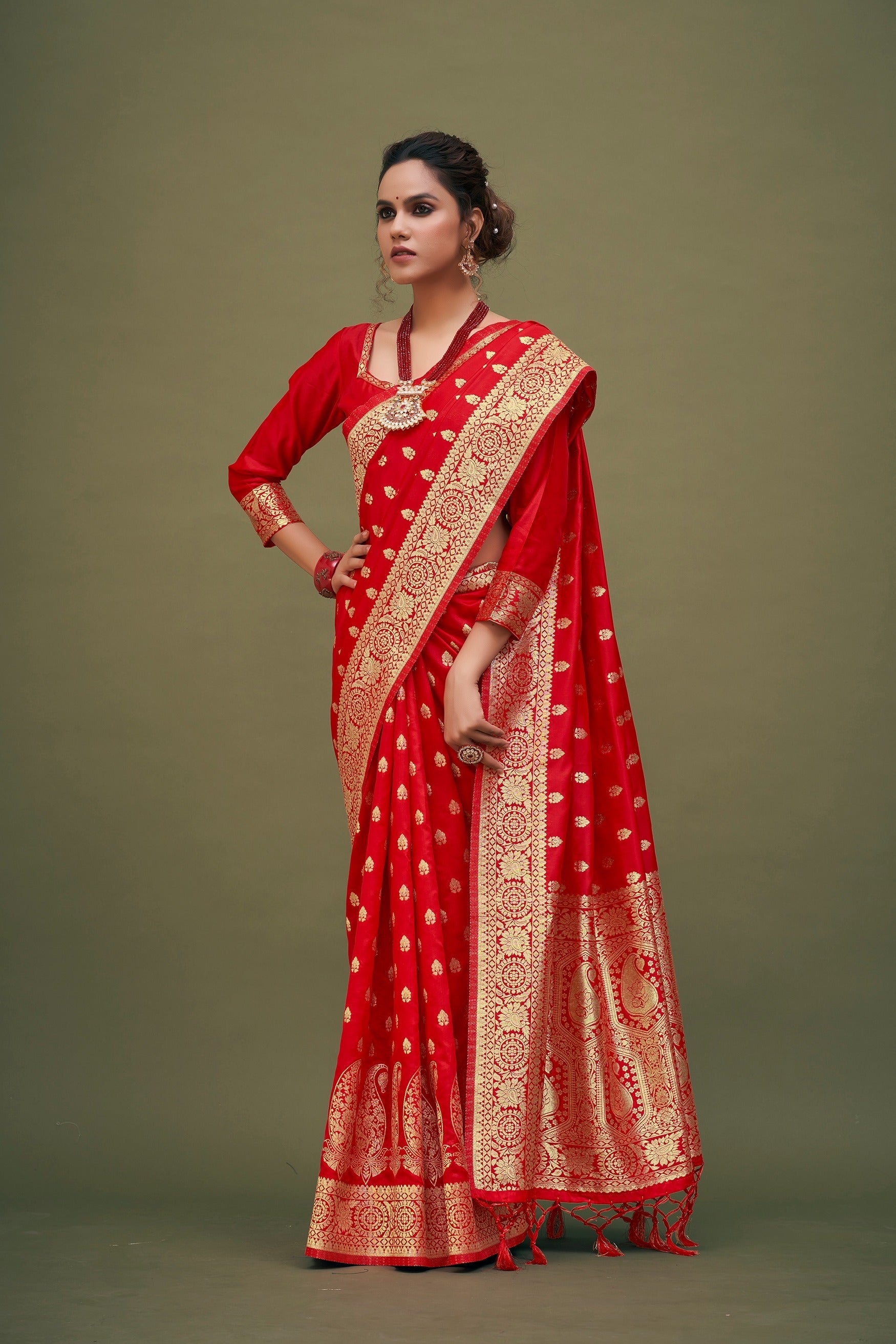 Lipstick Red Banarasi Art Silk Woven Saree