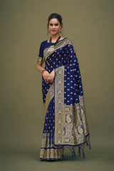 Navy Blue Banarasi Art Silk Woven Saree