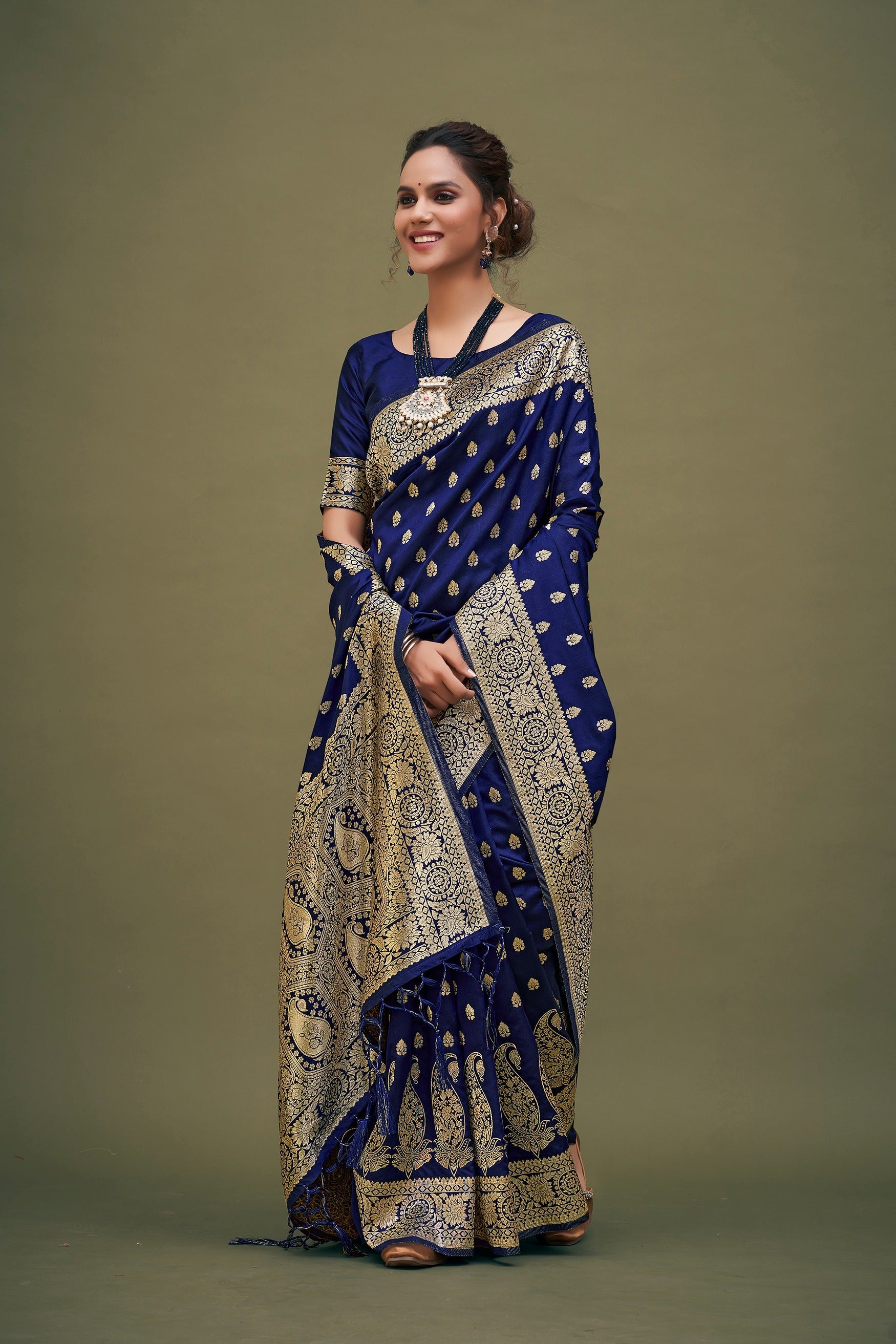 Navy Blue Banarasi Art Silk Woven Saree