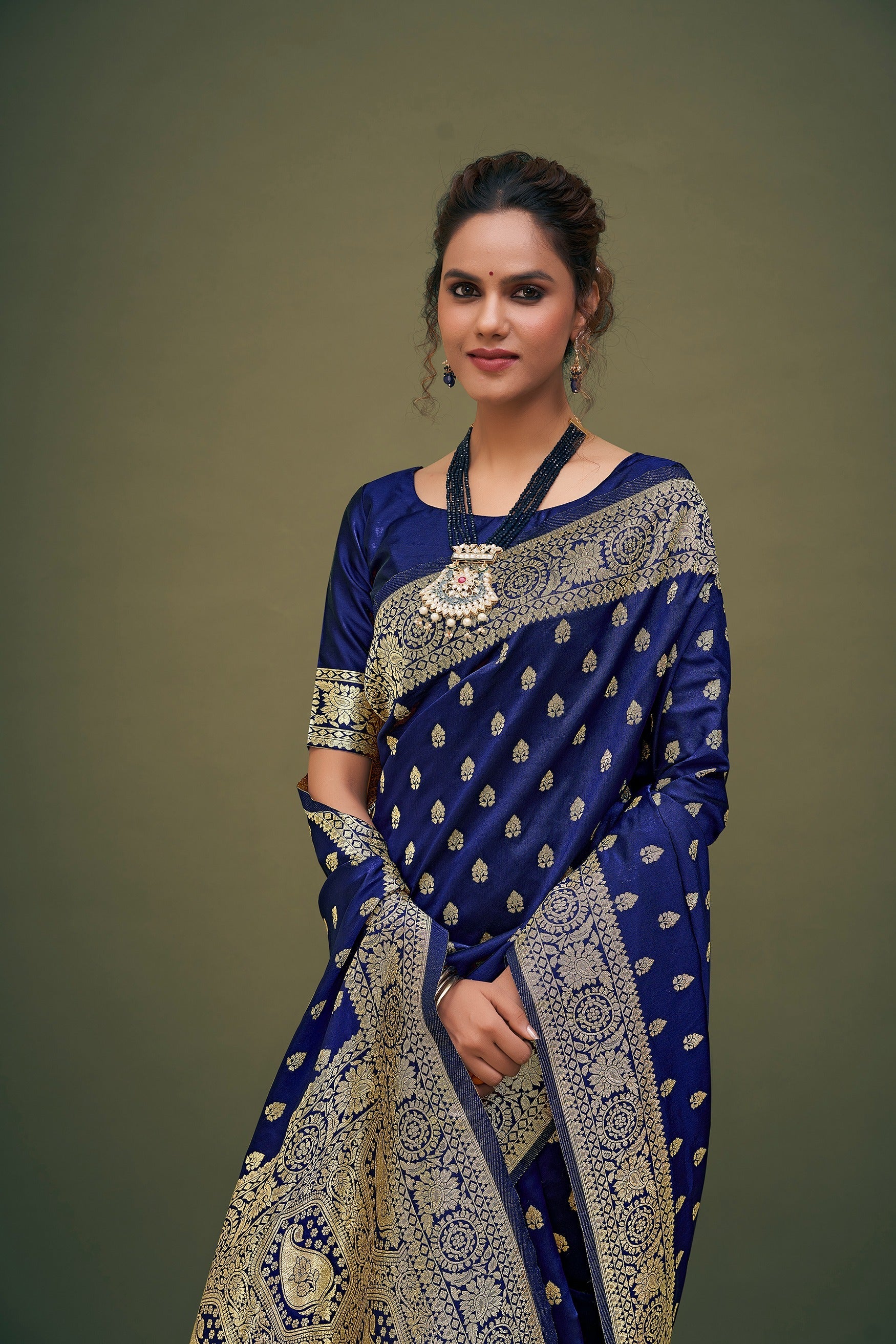 Navy Blue Banarasi Art Silk Woven Saree