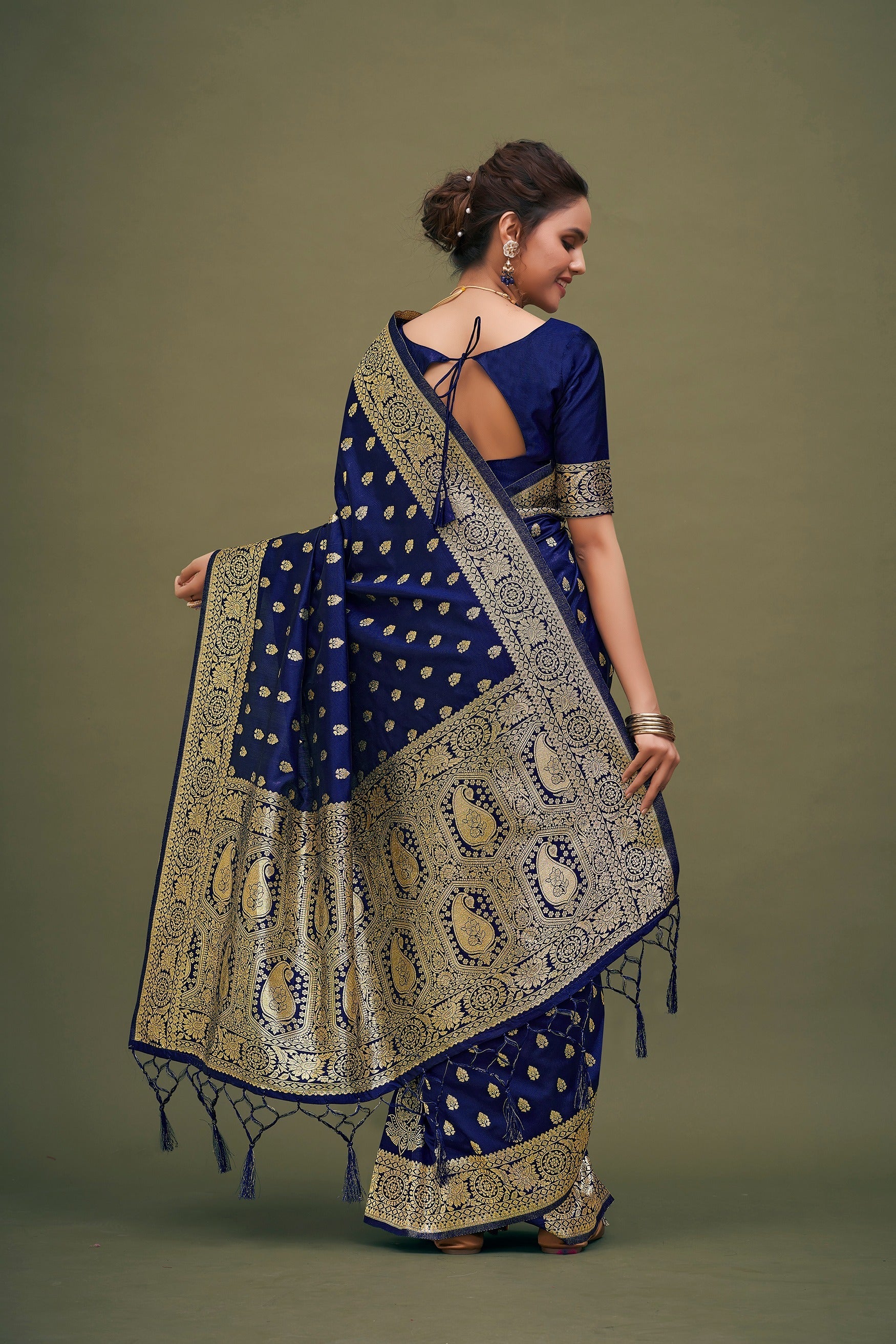 Navy Blue Banarasi Art Silk Woven Saree