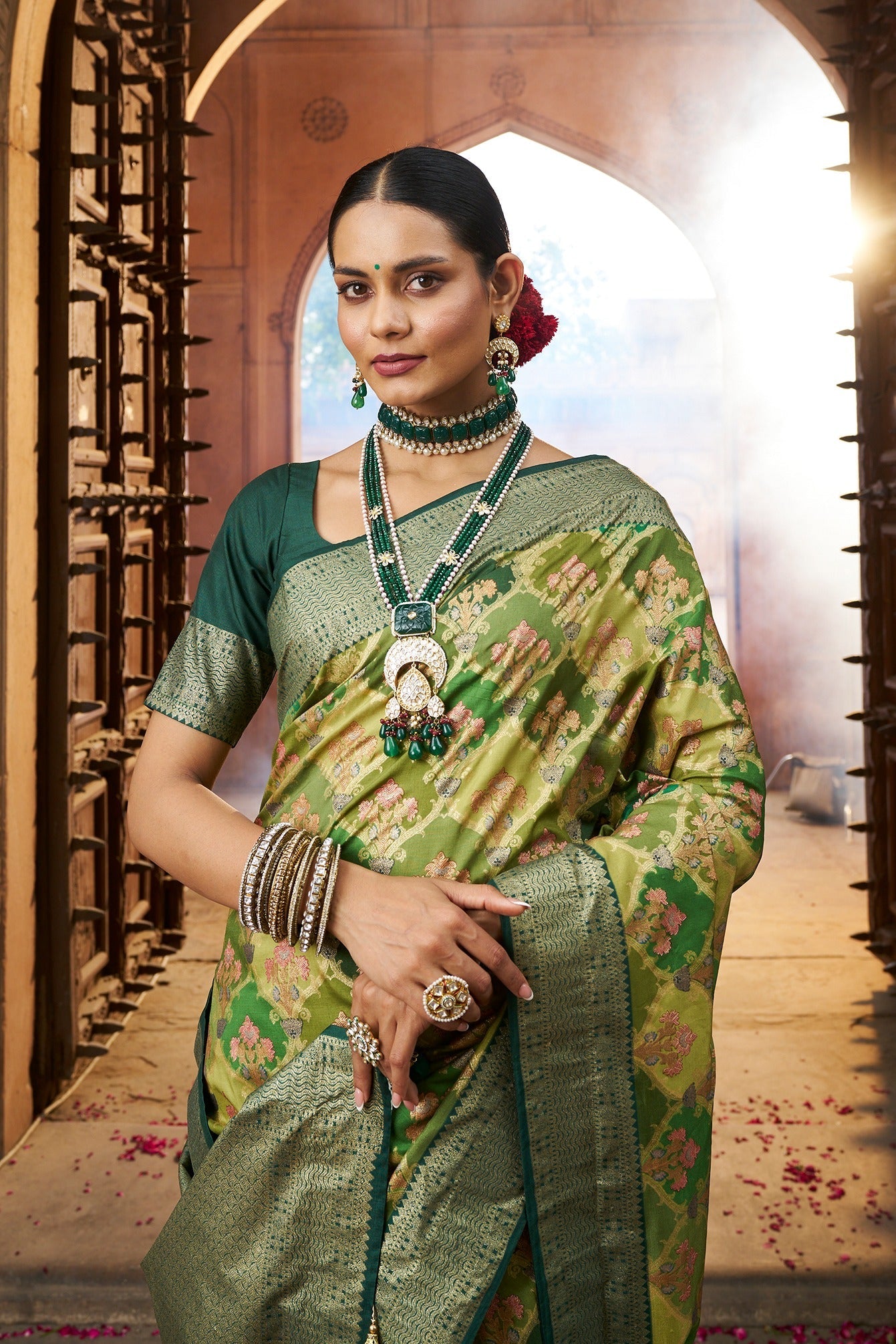 Olive Green Cotton Silk Woven Saree