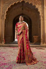 Pinkish Red Cotton Silk Woven Saree