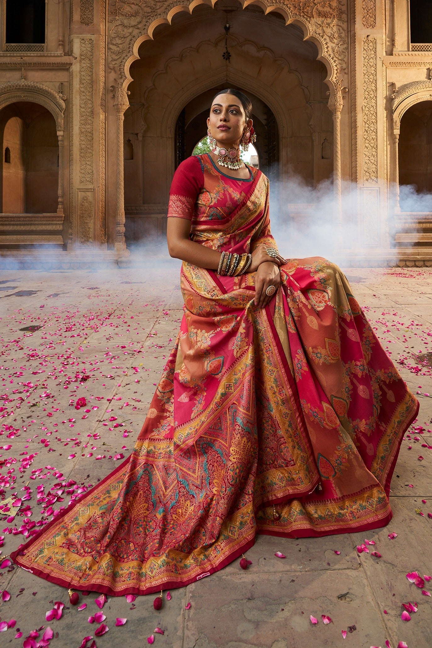 Pinkish Red Cotton Silk Woven Saree