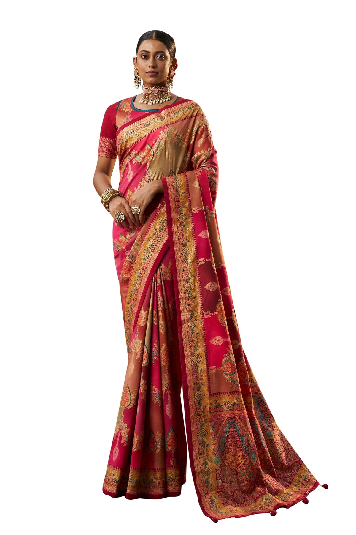 Pinkish Red Cotton Silk Woven Saree