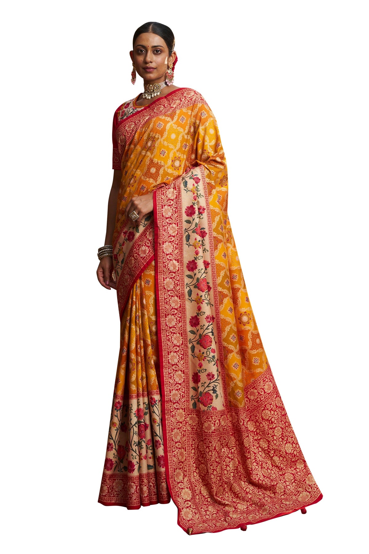 Yellowish Orange Cotton Silk Woven Saree