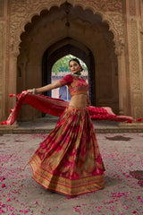 Pinkish Red Readymade Indian Cotton Silk Lehenga Choli Set for Women With Designer Blouse and Dupatta For Wedding