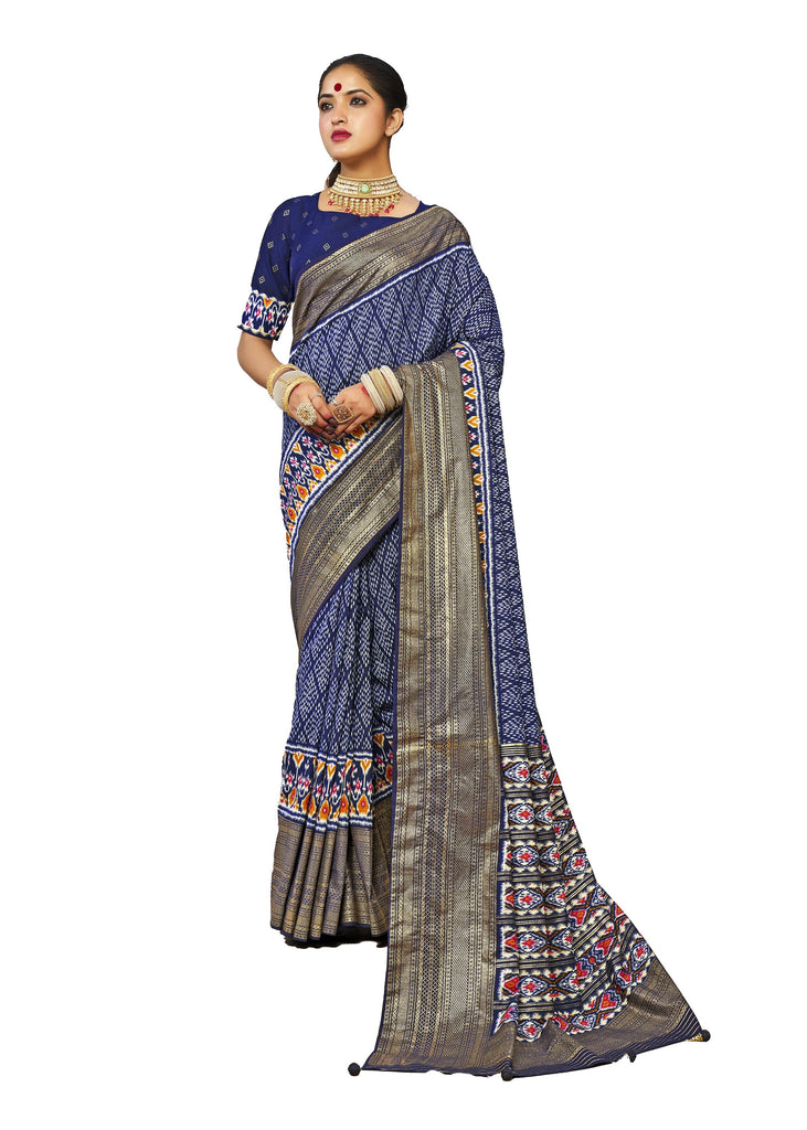 Traditional Ethnicwear Dark Blue Cotton Silk Printed Saree