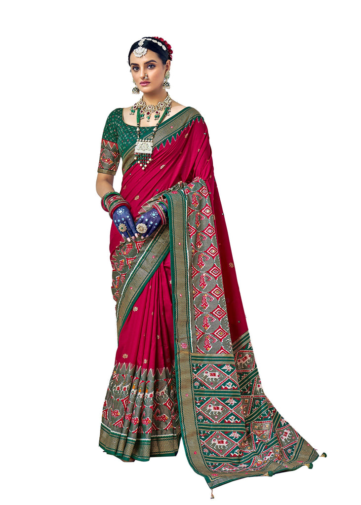 Traditional Ethnicwear Rose Red Cotton Silk Mirror Work Saree