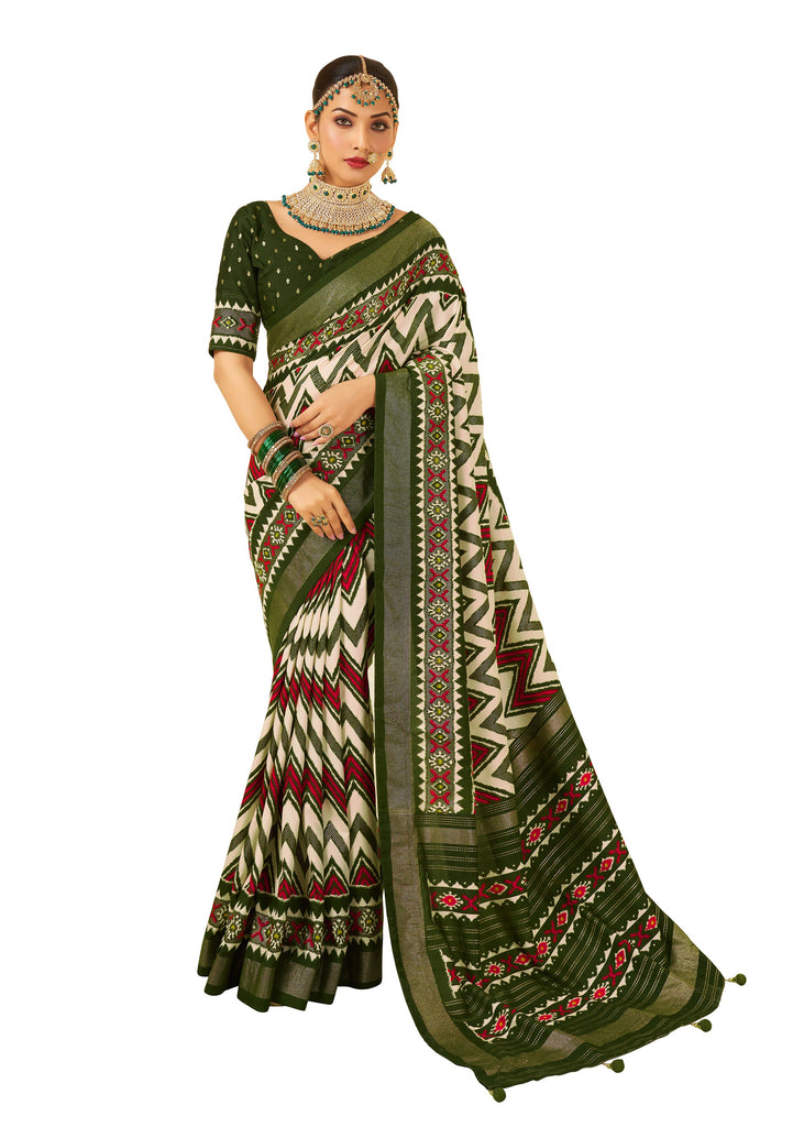 Traditional Ethnicwear Dark Green Cotton Silk Chevron Print Saree