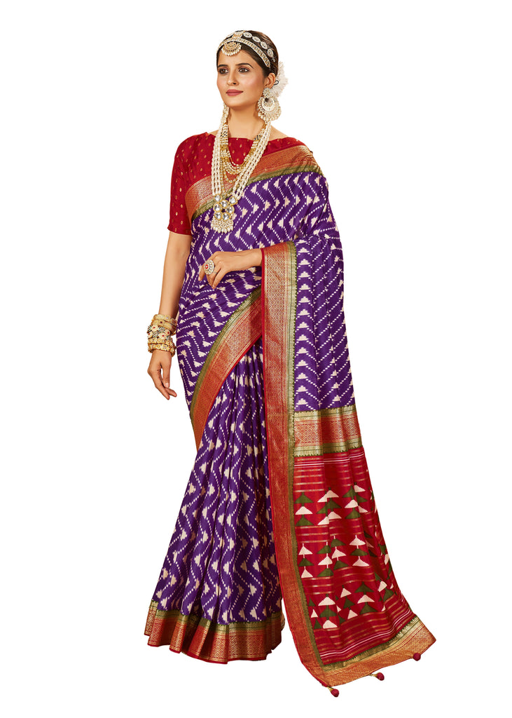Traditional Ethnicwear Purple Cotton Silk Chevron Print Saree