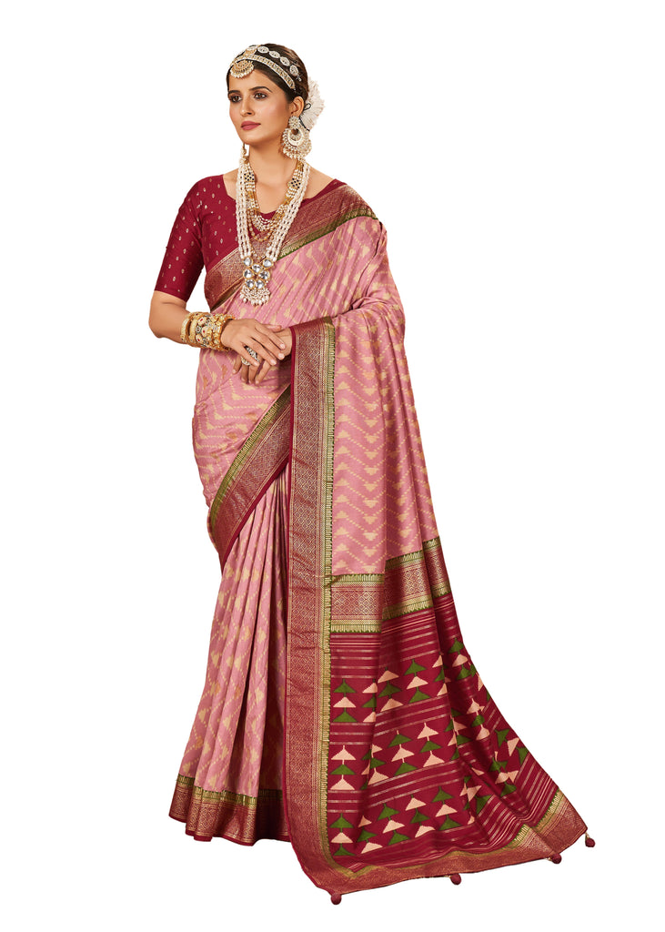 Traditional Ethnicwear Dull Pink Cotton Silk Chevron Print Saree
