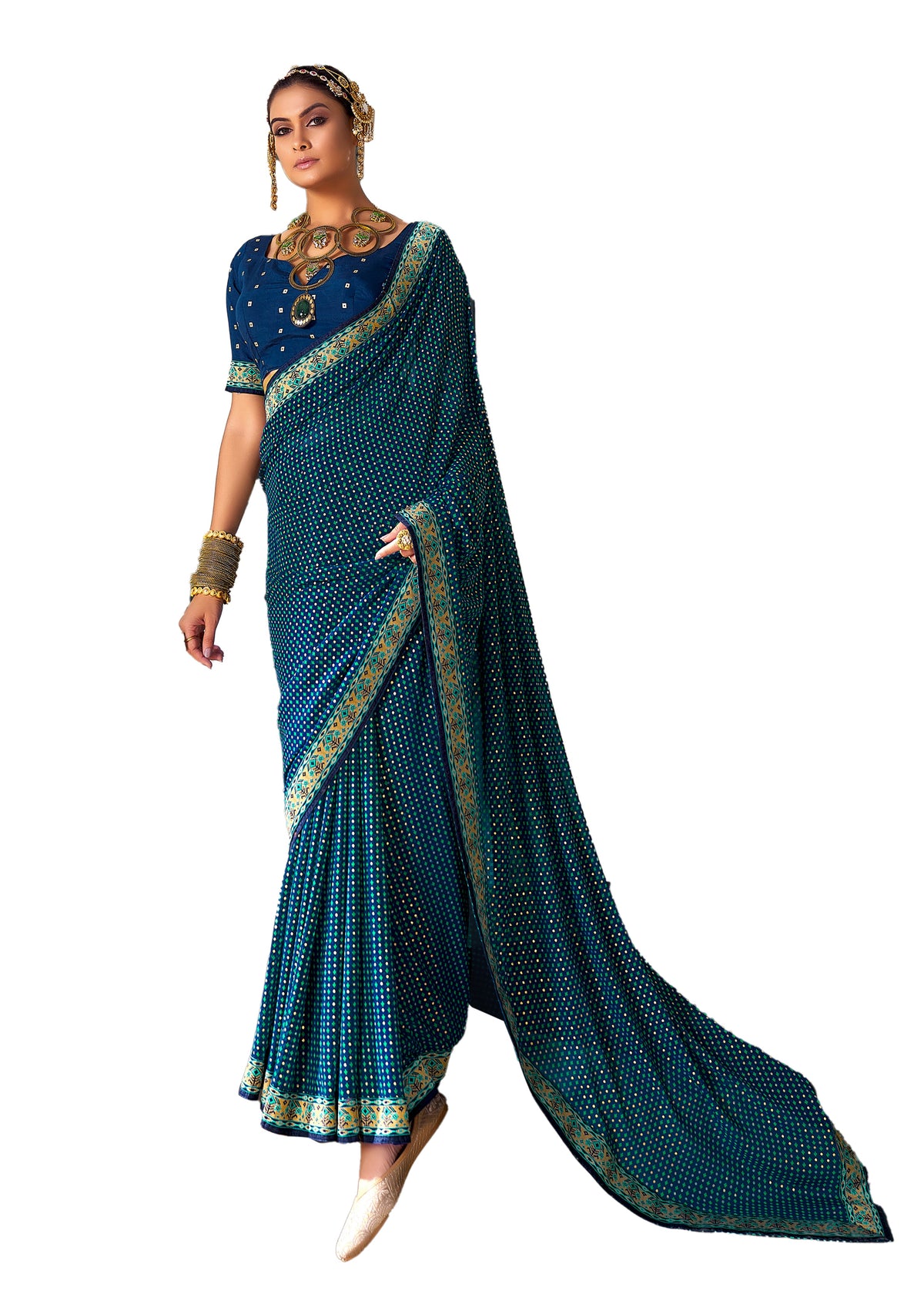 Blue Chiffon Paisley Print Saree