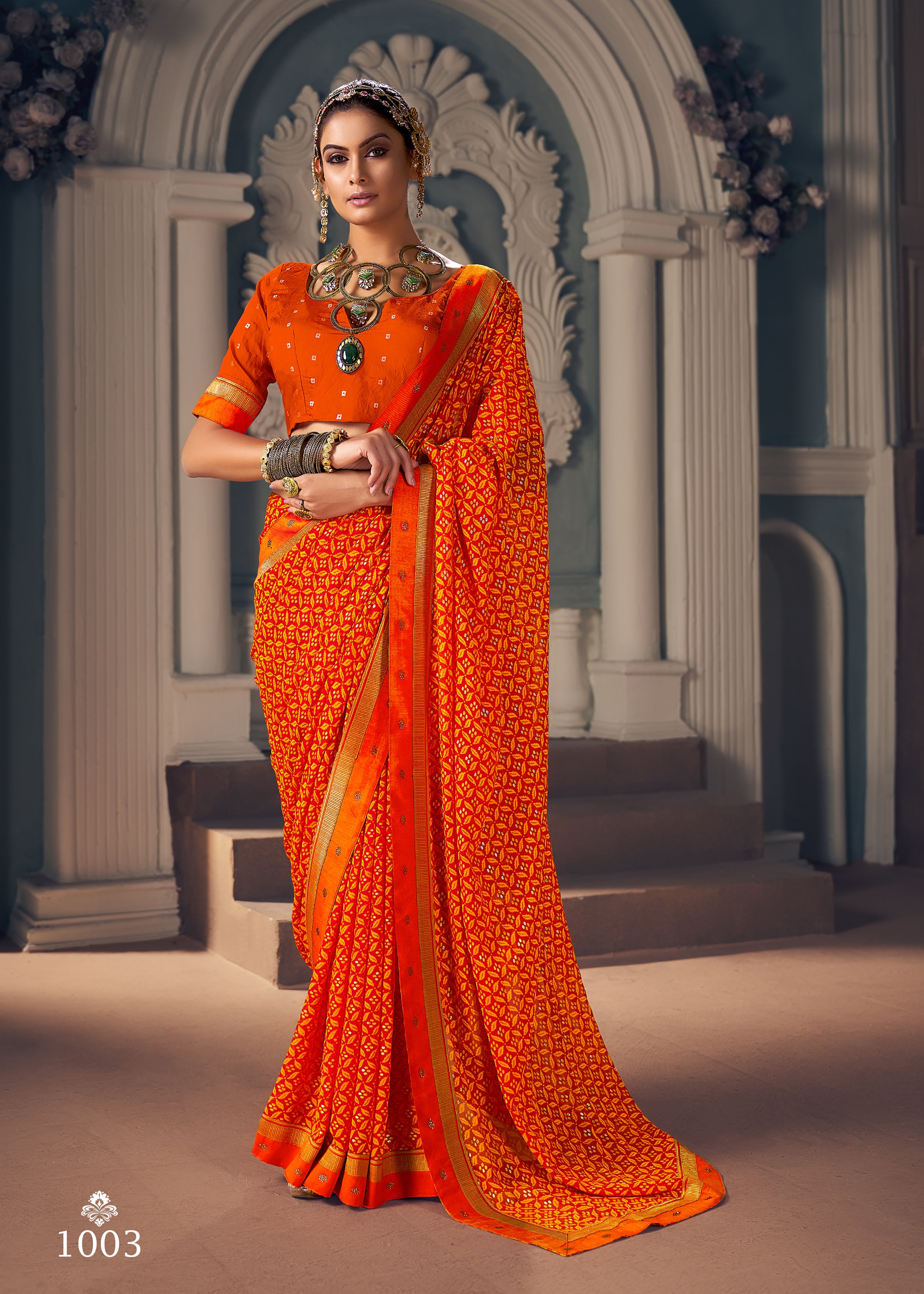 Orange Chiffon Paisley Print Saree