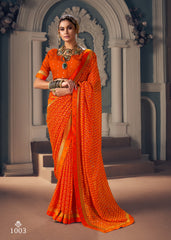 Orange Chiffon Paisley Print Saree