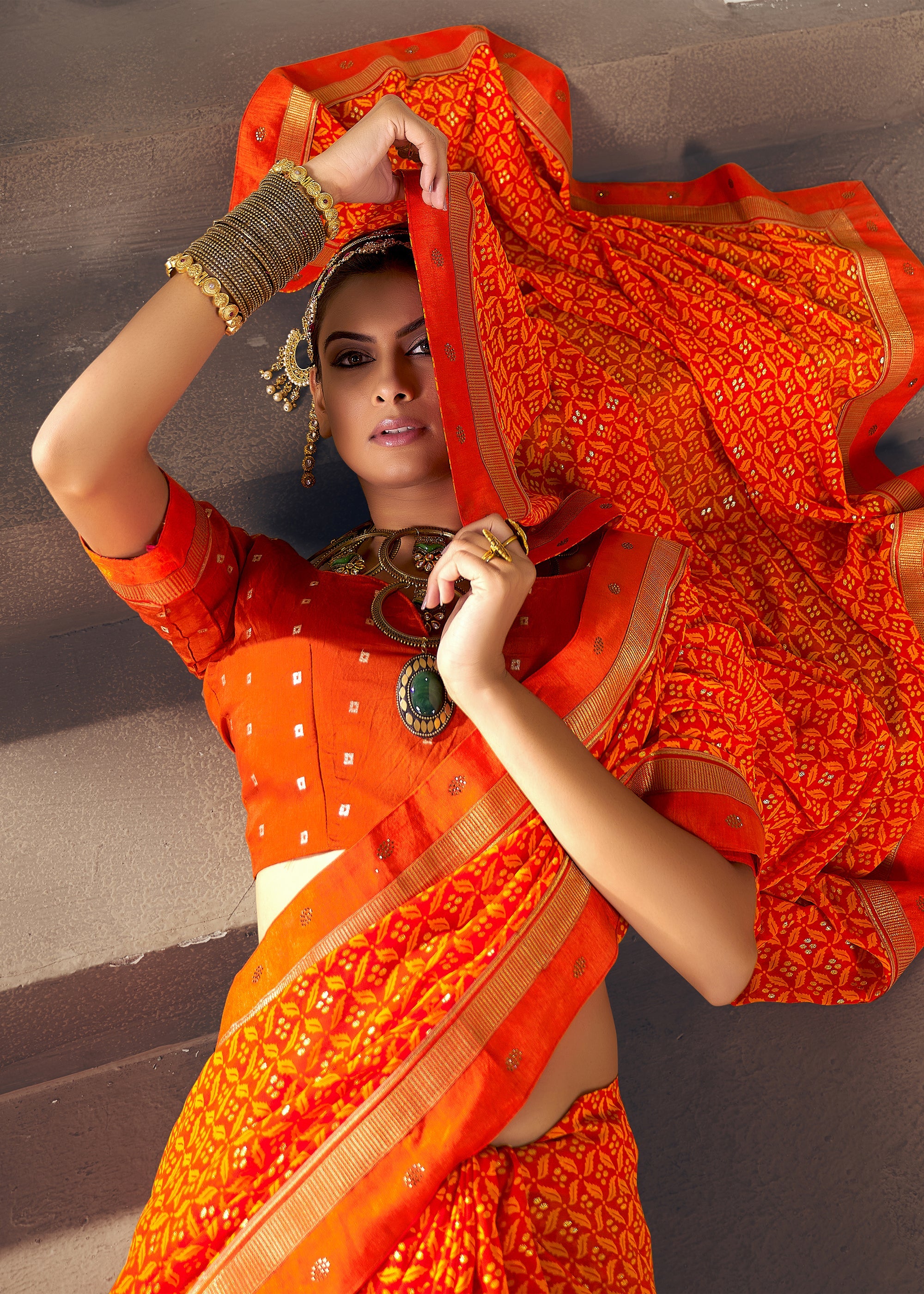 Orange Chiffon Paisley Print Saree