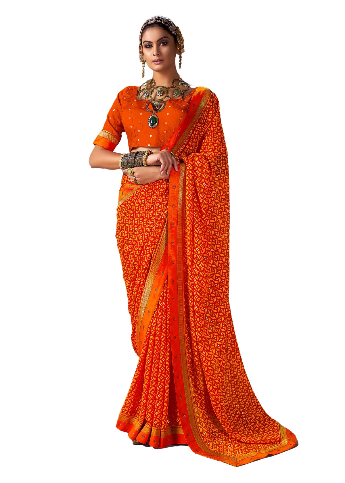 Orange Chiffon Paisley Print Saree