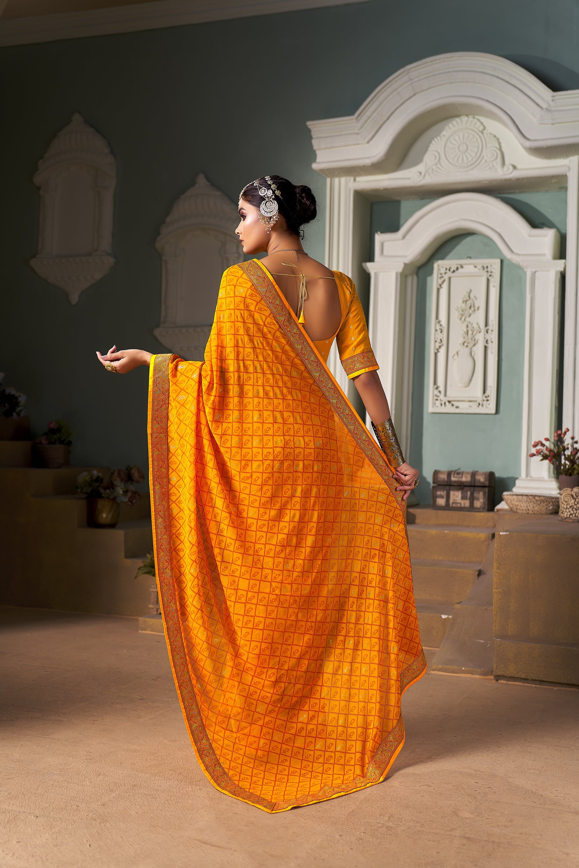 Mustard Chiffon Paisley Print Saree