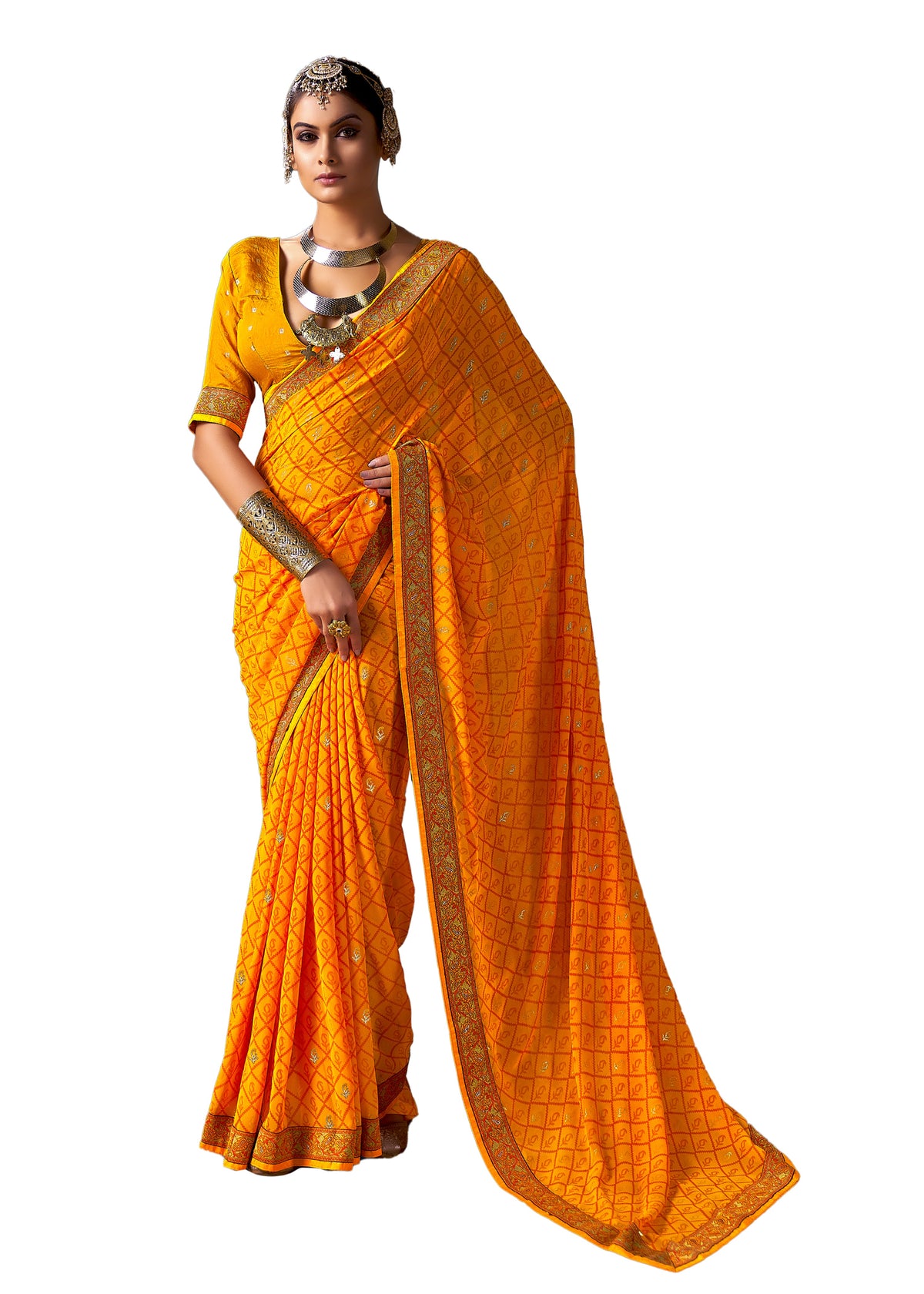 Mustard Chiffon Paisley Print Saree