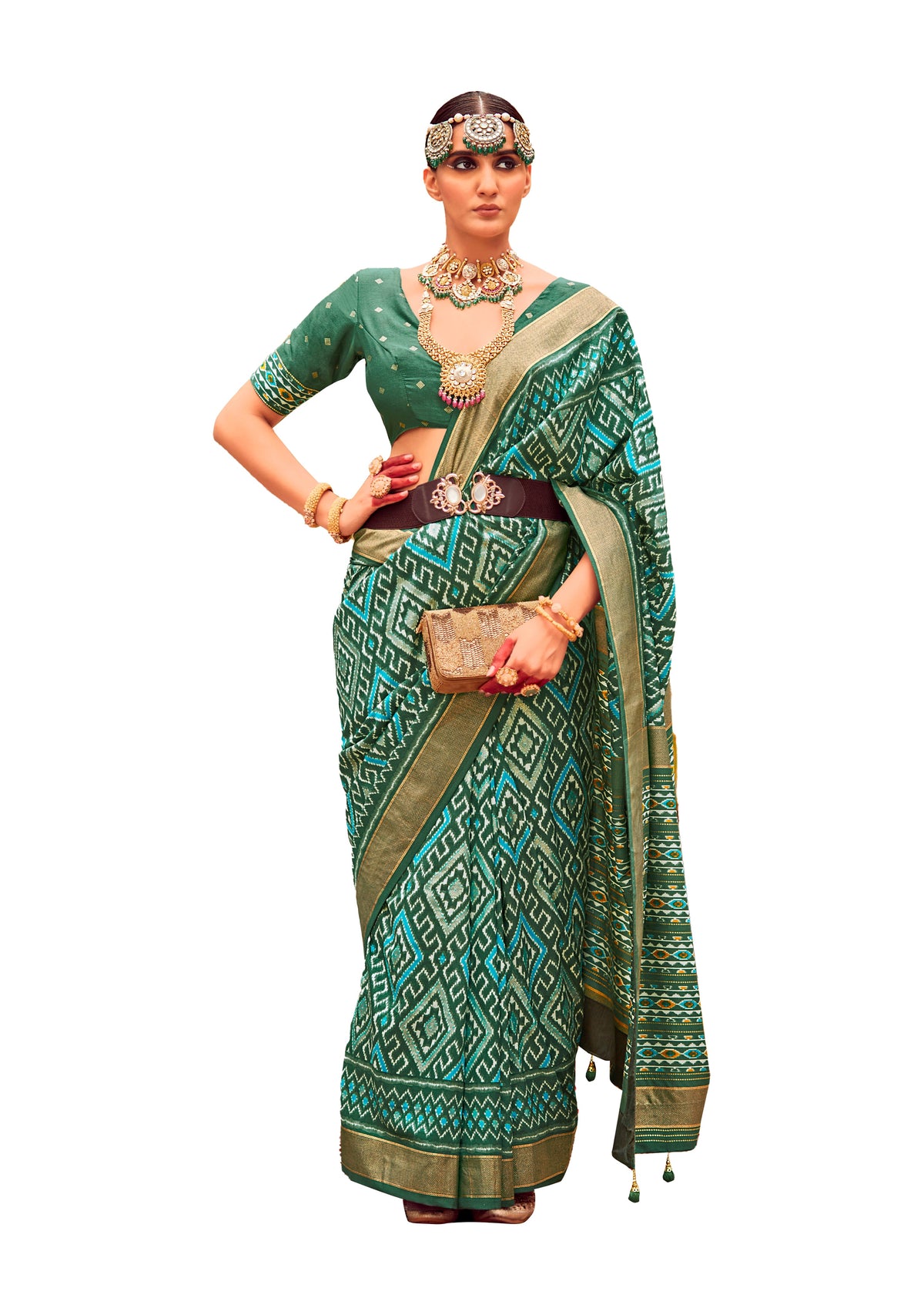 Sea Green Cotton Silk Chevron Print Saree