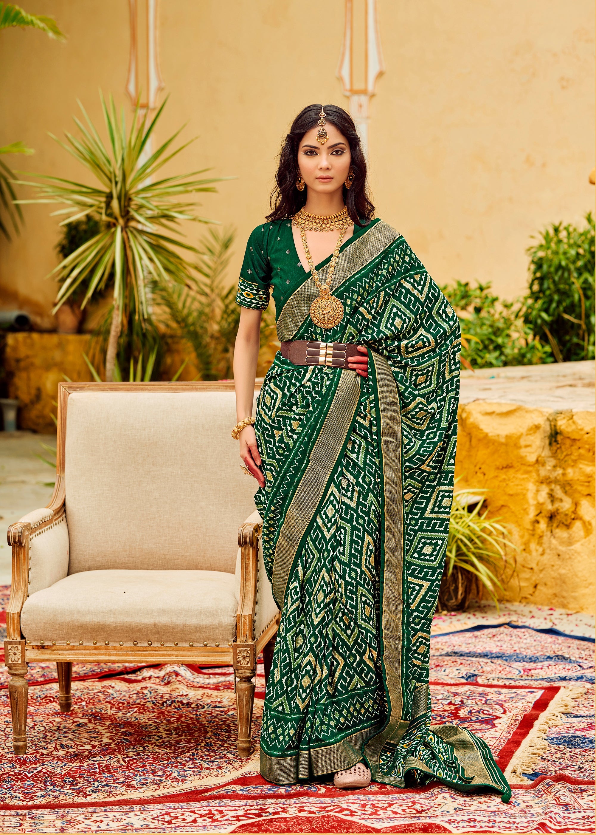 Green Cotton Silk Chevron Print Saree