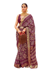 Wine Cotton Silk Chevron Print Saree