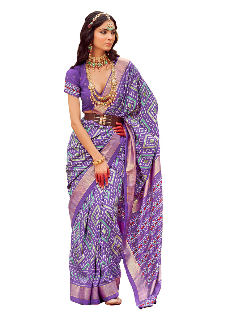 Traditional Ethnicwear Purple Cotton Silk Chevron Print Saree