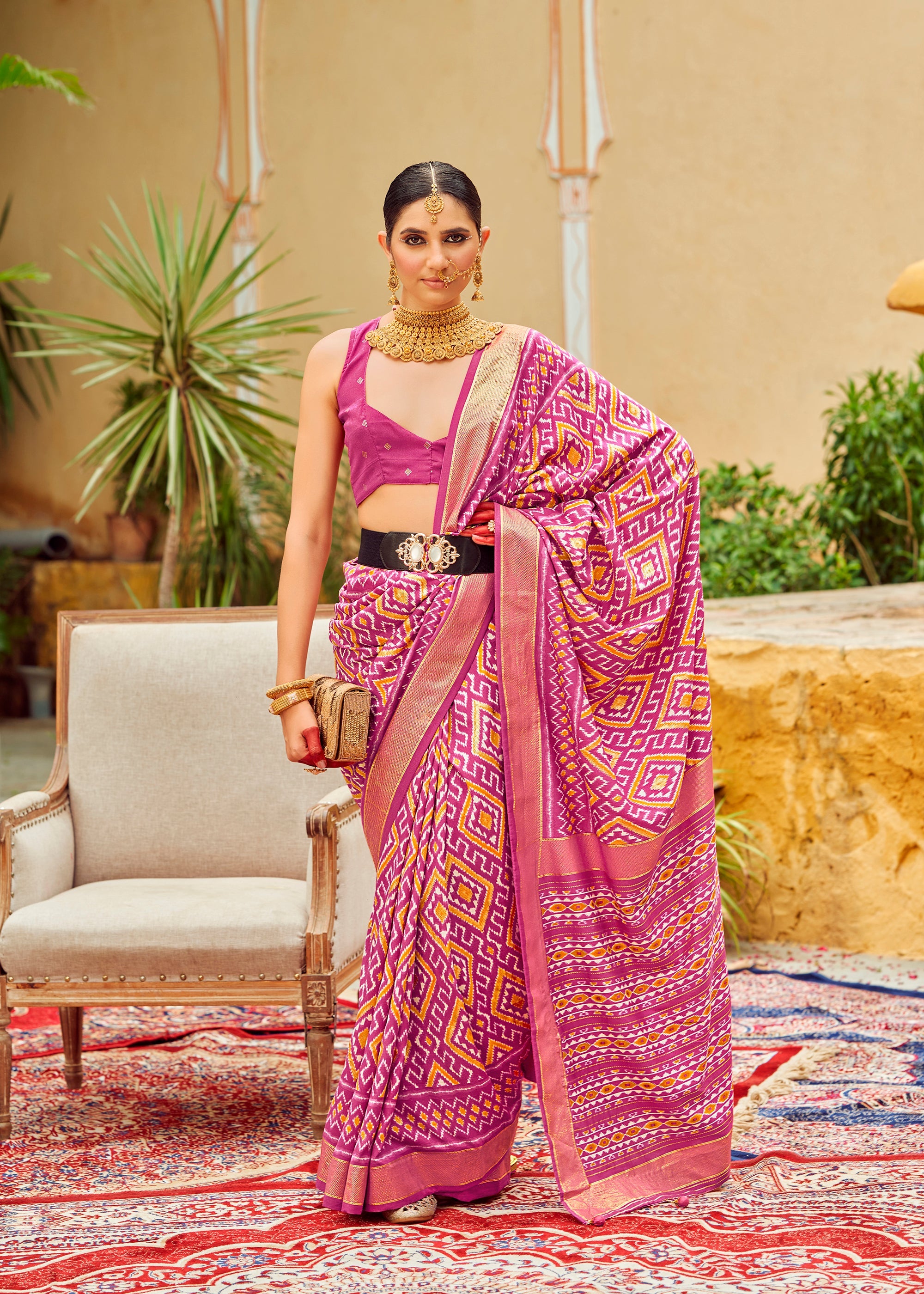 Pink Cotton Silk Chevron Print Saree