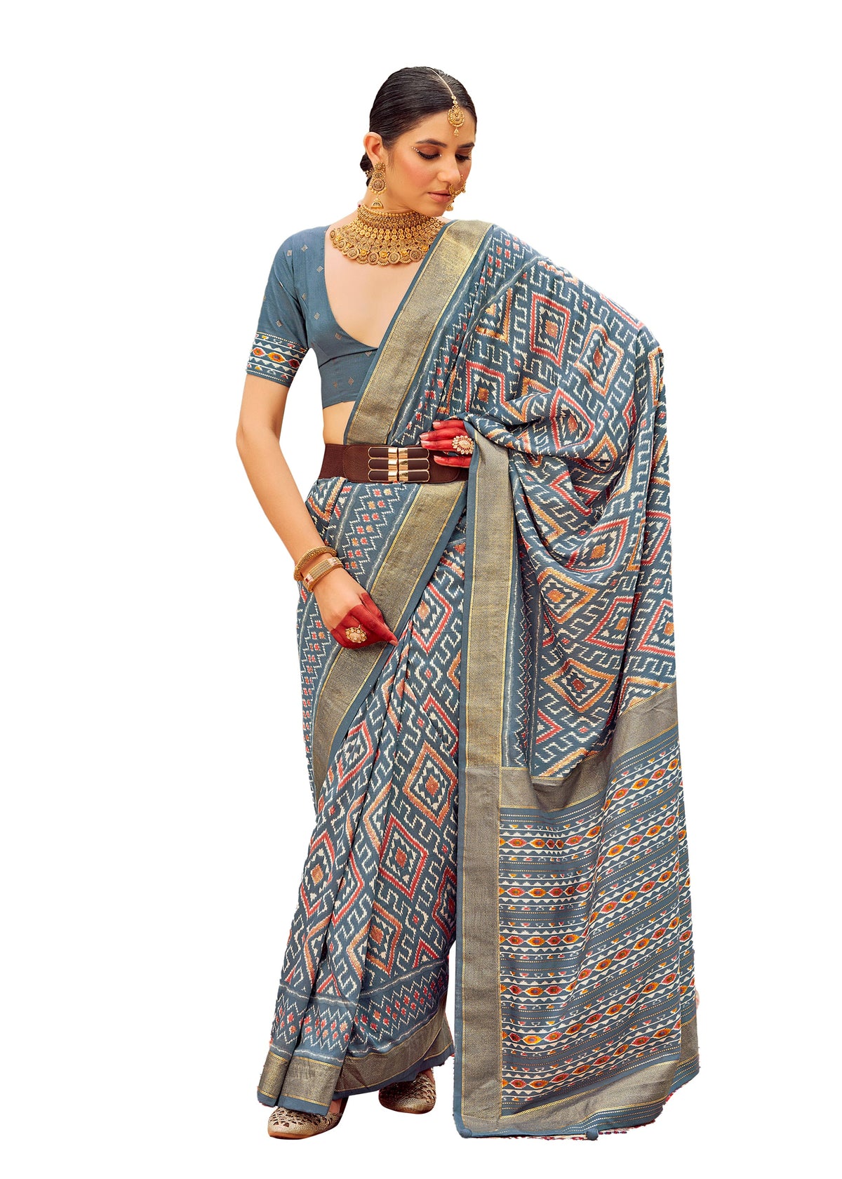 Grey Cotton Silk Chevron Print Saree